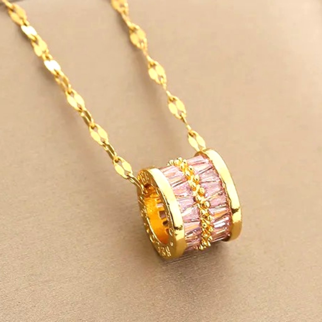 18k Gold Barrel Necklace Inlaid With Beautiful Pink Cubic Zirconias